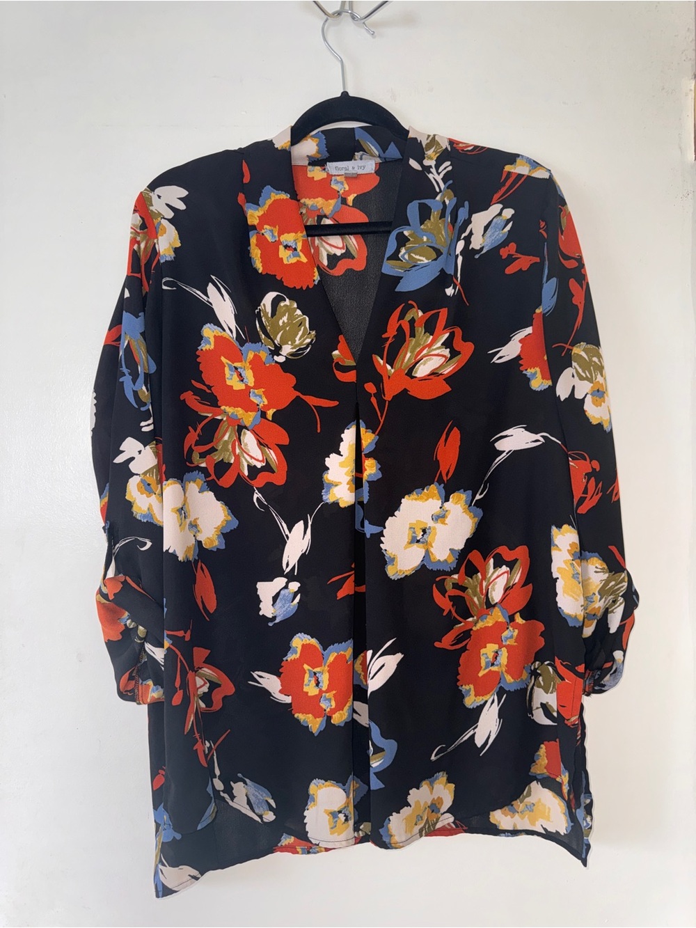Black Floral V-Neck Button Blouse - Multi